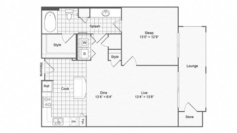 Floor plan for 1 bed, 1 bath, 787 sqft